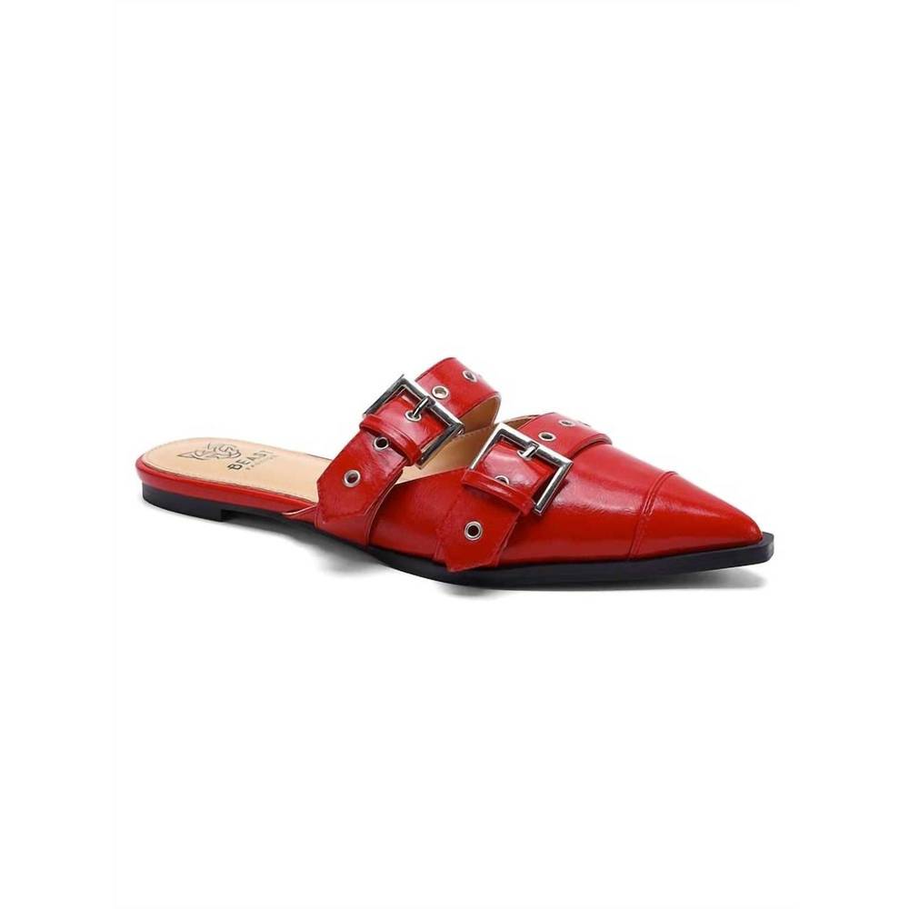 NEW LET'S SEE STYLE women's double buckle strap pointed toe flat mules in red